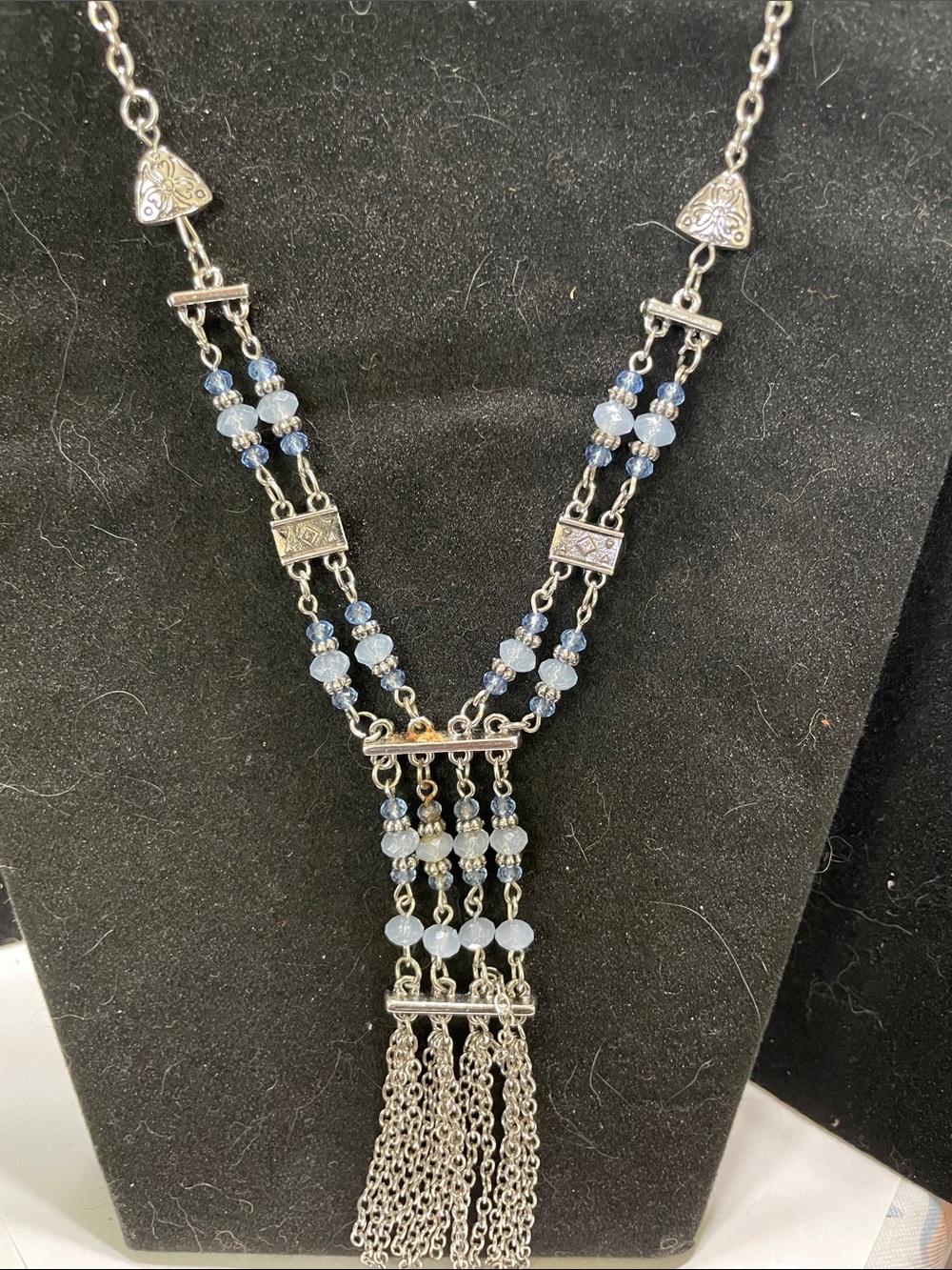 Sterling-Style Silver Necklace with Light Blue Beaded Accents